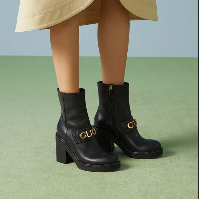 G*u*i women gg G*u*i boot black leather script rubber sole side zip closure mid-heel
