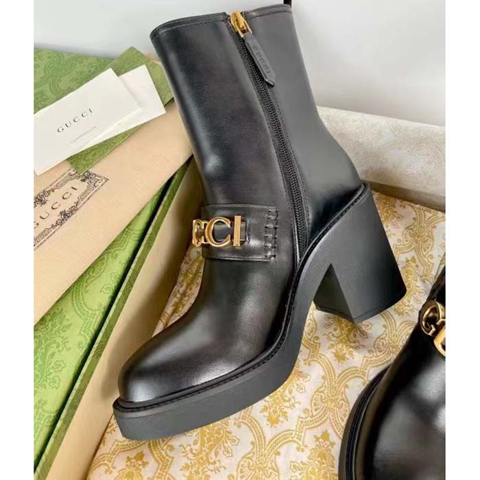 G*u*i women gg G*u*i boot black leather script rubber sole side zip closure mid-heel
