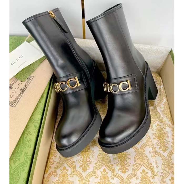 G*u*i women gg G*u*i boot black leather script rubber sole side zip closure mid-heel