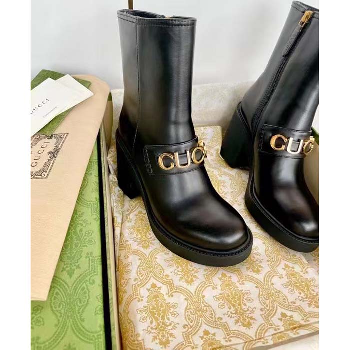 G*u*i women gg G*u*i boot black leather script rubber sole side zip closure mid-heel
