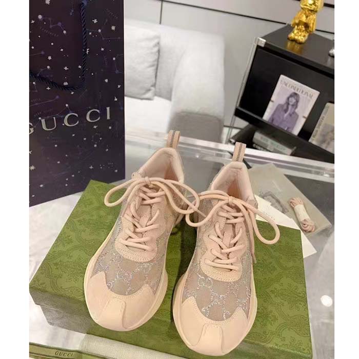G*u*i women gg G*u*i run gg crystal mesh sneaker pink suede mid 6 cm heel