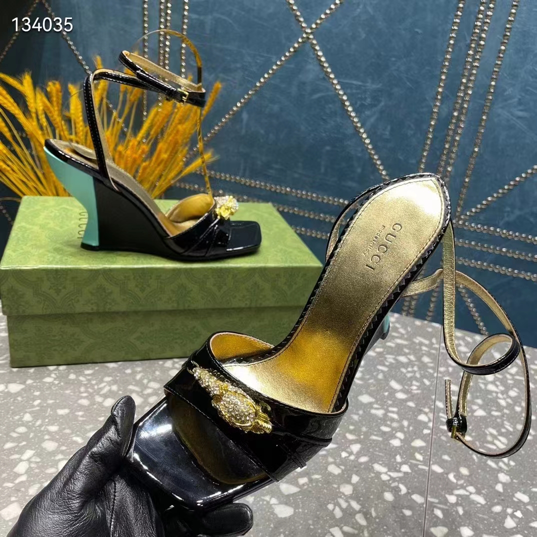 G*u*i women gg high-heel sandal hardware black patent leather square toe geometric-shaped heel