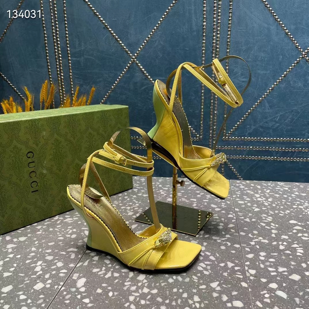 G*u*i women gg high-heel sandal hardware yellow patent leather square toe geometric-shaped heel