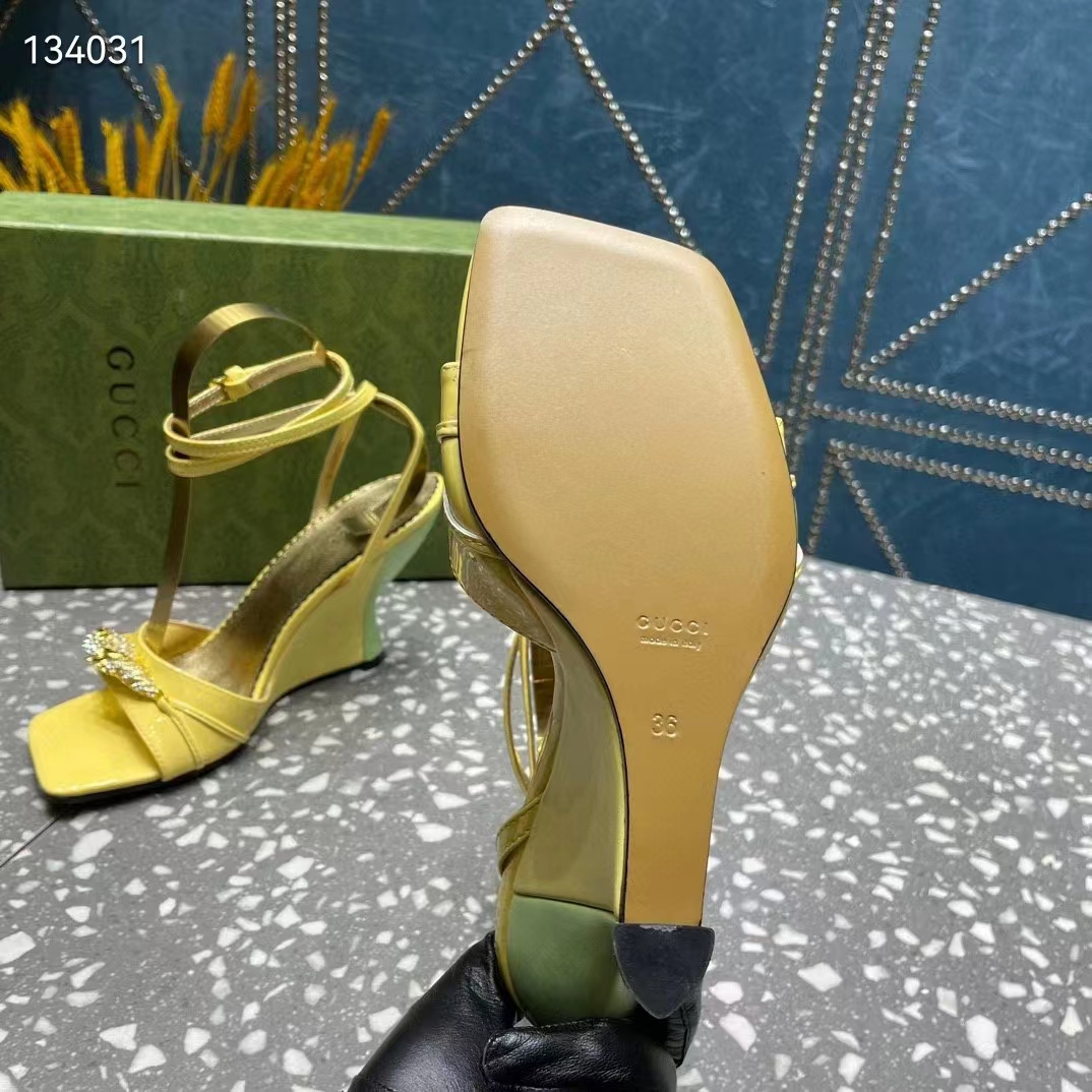 G*u*i women gg high-heel sandal hardware yellow patent leather square toe geometric-shaped heel