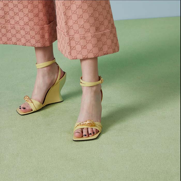 G*u*i women gg high-heel sandal hardware yellow patent leather square toe geometric-shaped heel