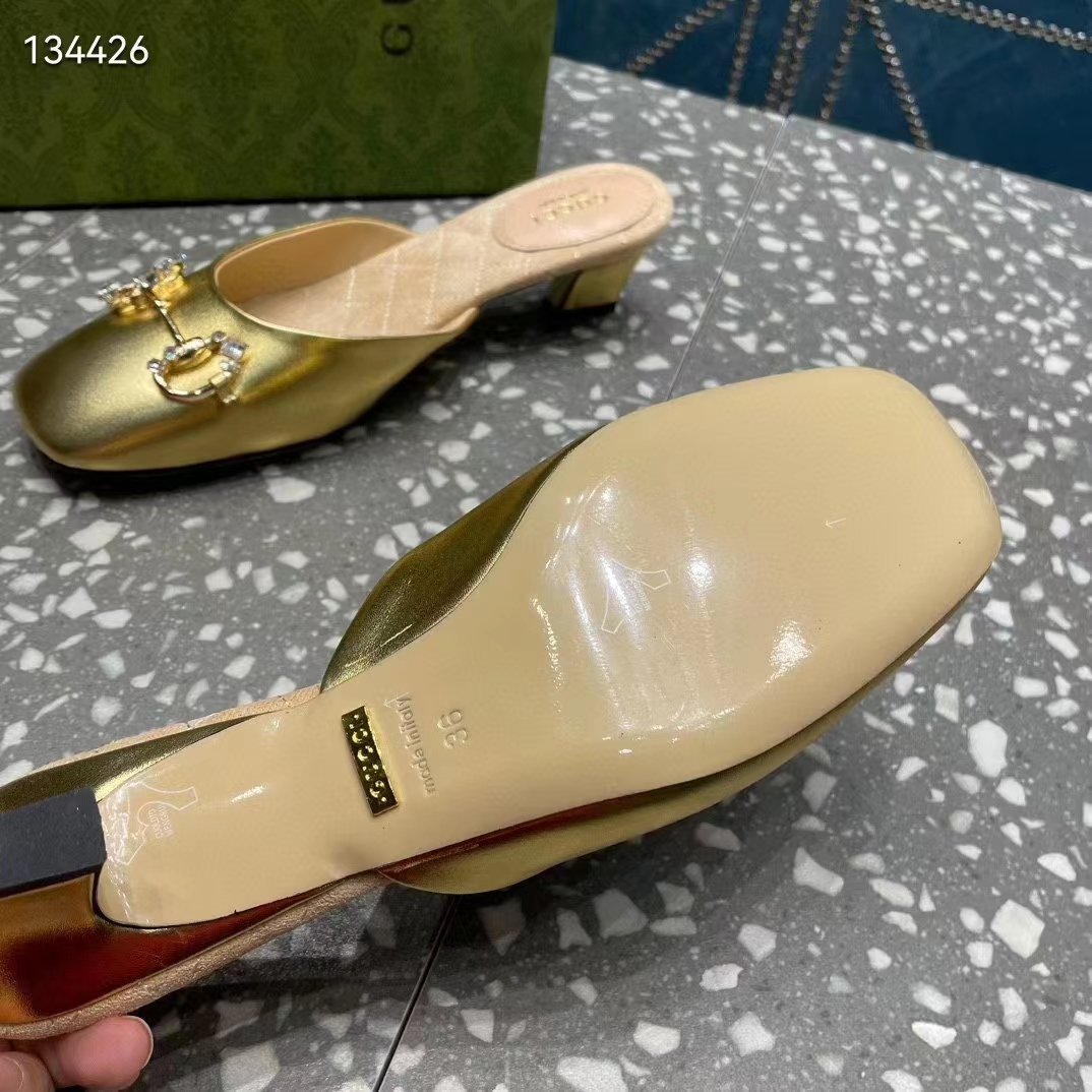 G*u*i women gg horsebit mule gold metallic leather crystals leather sole low-heel