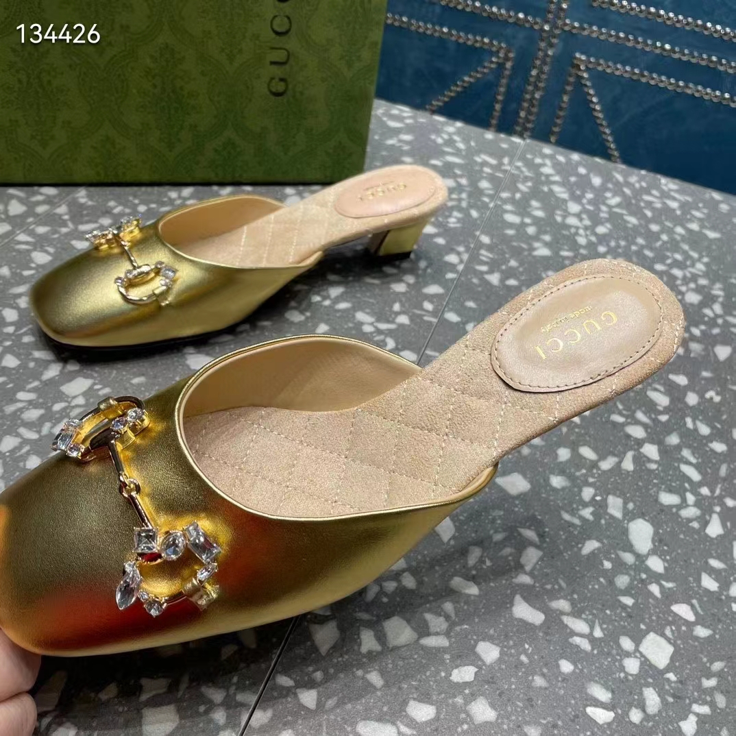 G*u*i women gg horsebit mule gold metallic leather crystals leather sole low-heel