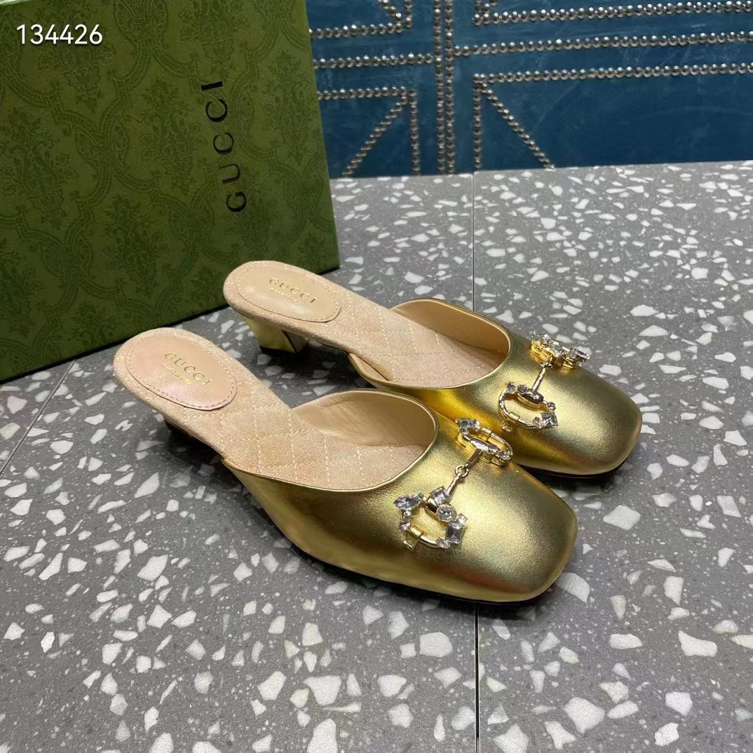 G*u*i women gg horsebit mule gold metallic leather crystals leather sole low-heel
