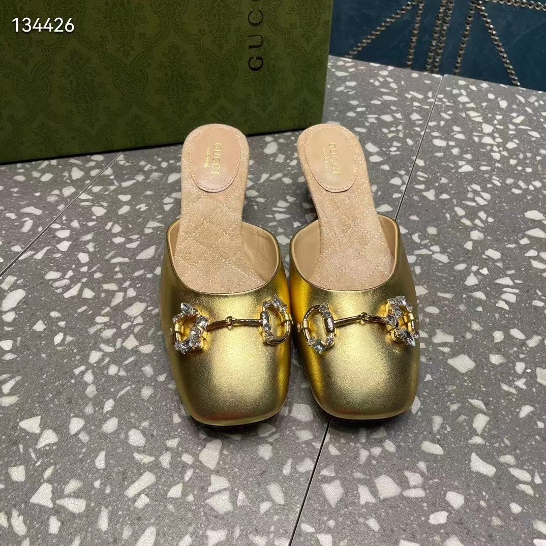 G*u*i women gg horsebit mule gold metallic leather crystals leather sole low-heel