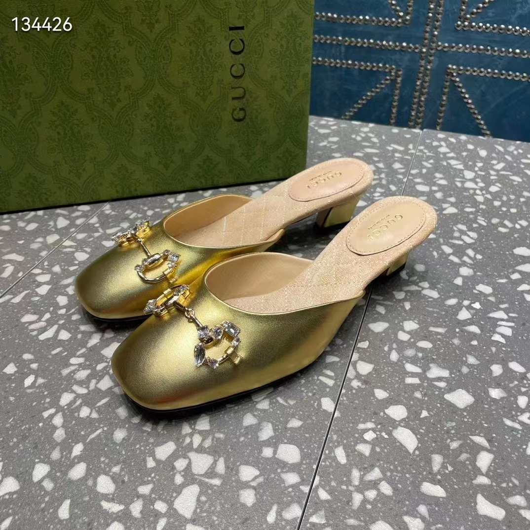 G*u*i women gg horsebit mule gold metallic leather crystals leather sole low-heel