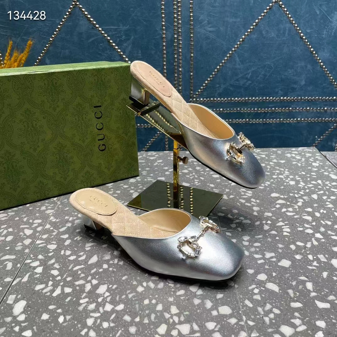 G*u*i women gg horsebit mule silver metallic leather crystals leather sole low-heel