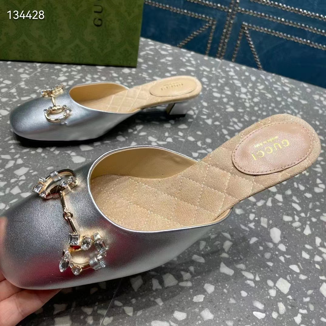 G*u*i women gg horsebit mule silver metallic leather crystals leather sole low-heel