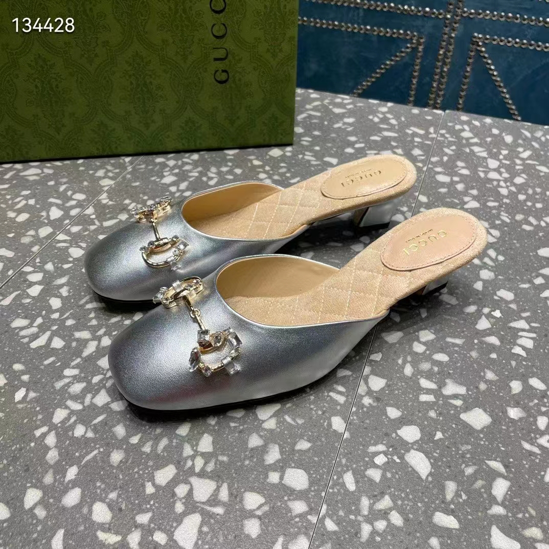 G*u*i women gg horsebit mule silver metallic leather crystals leather sole low-heel