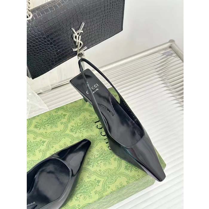G*u*i women gg slingback pump black leather interlocking g square upper mid-heel