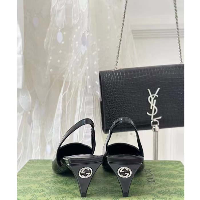 G*u*i women gg slingback pump black leather interlocking g square upper mid-heel