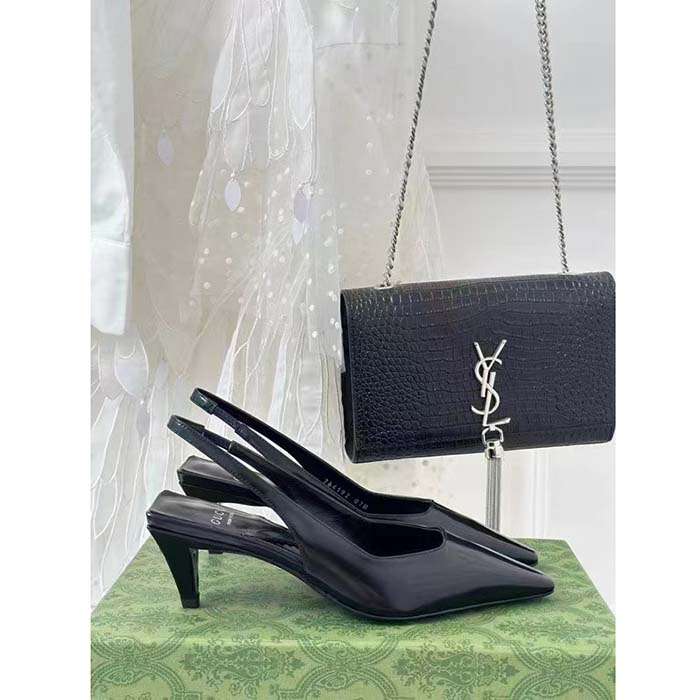 G*u*i women gg slingback pump black leather interlocking g square upper mid-heel