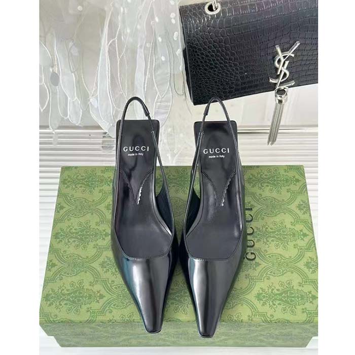 G*u*i women gg slingback pump black leather interlocking g square upper mid-heel