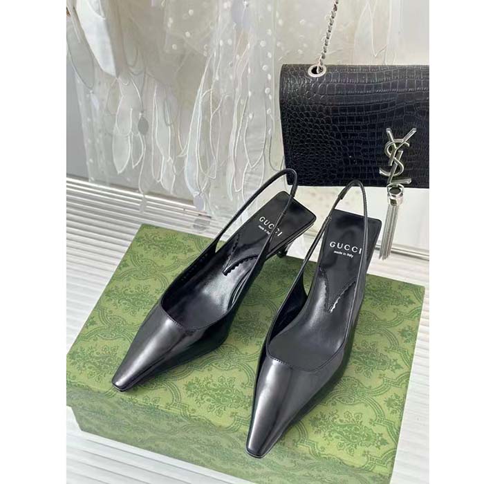 G*u*i women gg slingback pump black leather interlocking g square upper mid-heel