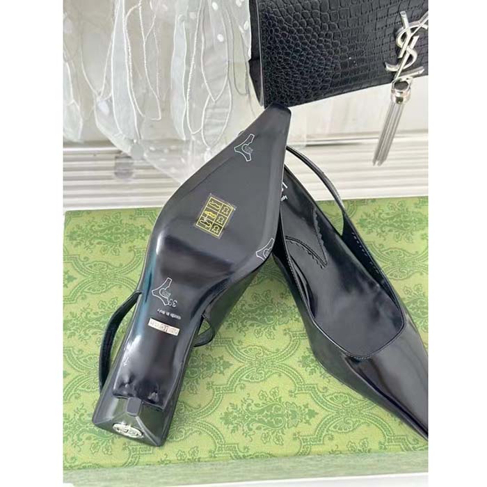 G*u*i women gg slingback pump black leather interlocking g square upper mid-heel