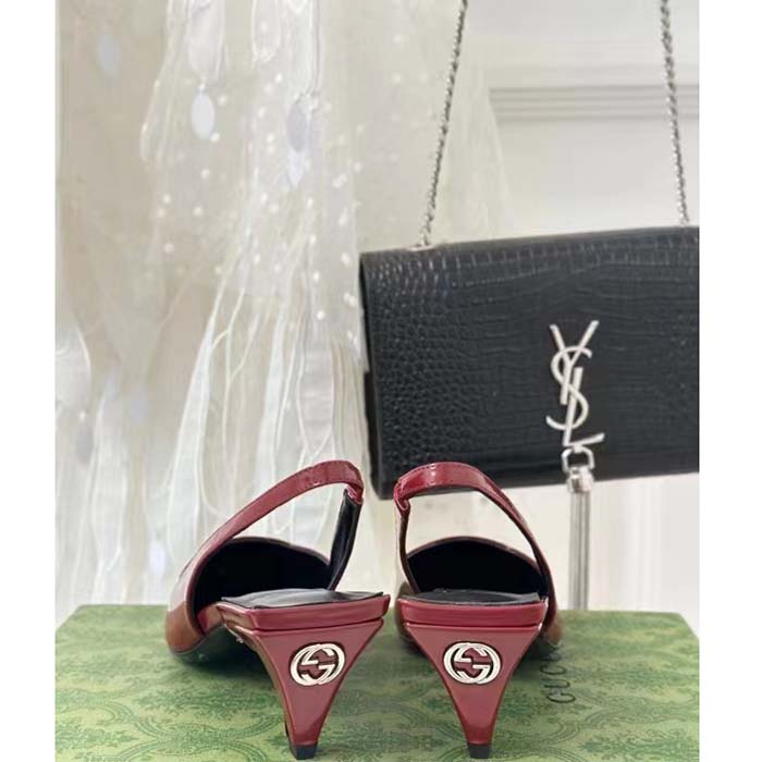 G*u*i women gg slingback pump dark red leather interlocking g square upper mid-heel