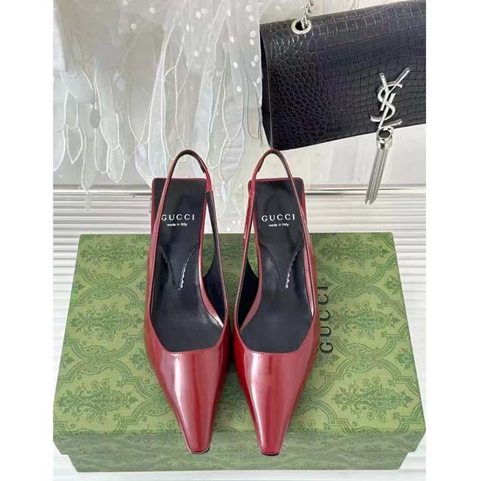 G*u*i women gg slingback pump dark red leather interlocking g square upper mid-heel