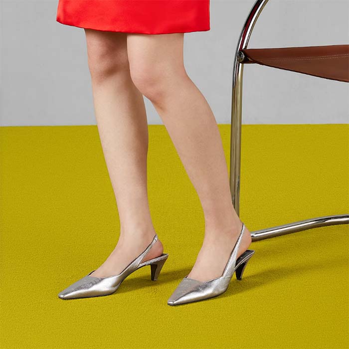 G*u*i women gg slingback pump metallic silver leather interlocking g square upper mid-heel