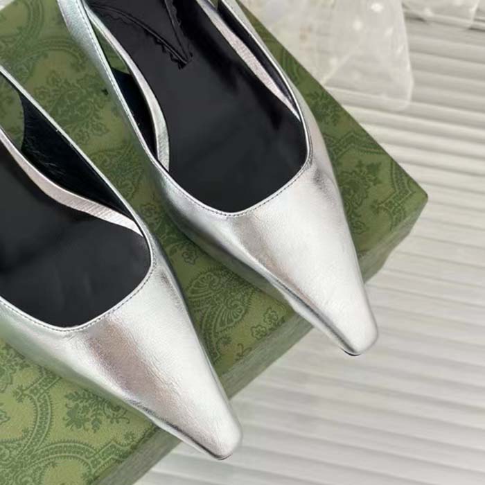 G*u*i women gg slingback pump metallic silver leather interlocking g square upper mid-heel