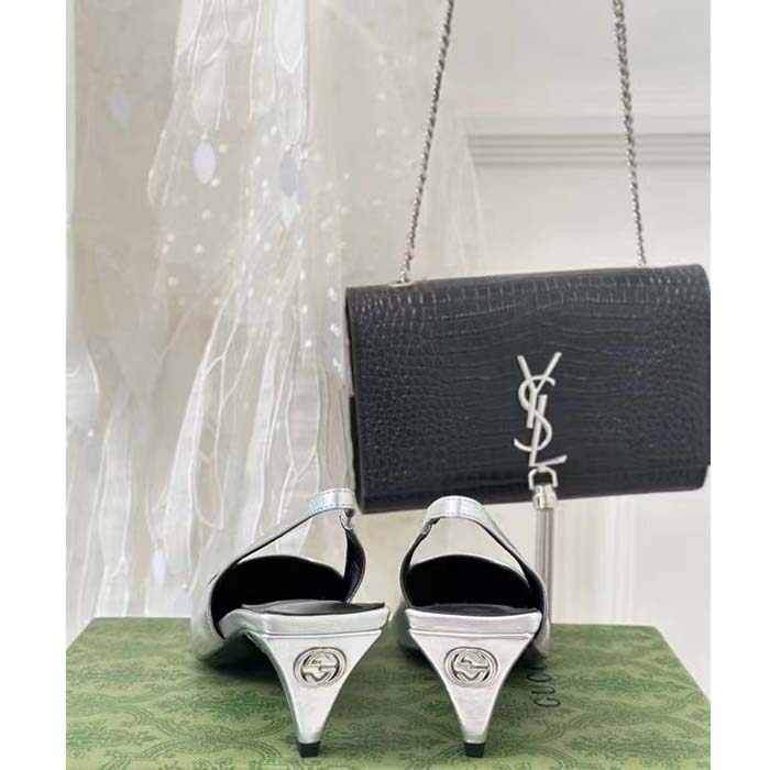G*u*i women gg slingback pump metallic silver leather interlocking g square upper mid-heel
