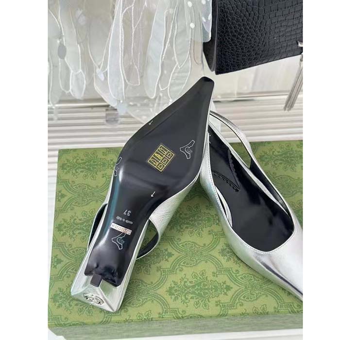 G*u*i women gg slingback pump metallic silver leather interlocking g square upper mid-heel