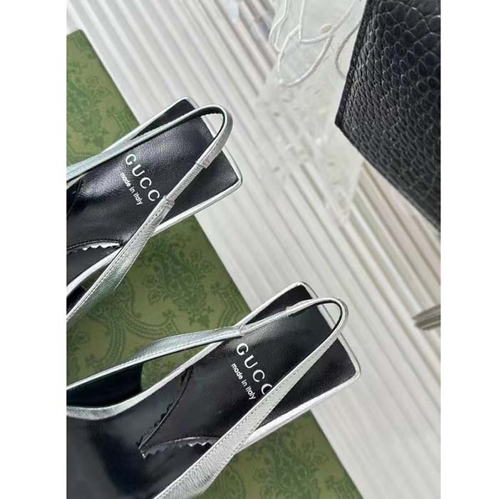 G*u*i women gg slingback pump metallic silver leather interlocking g square upper mid-heel