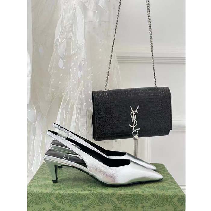 G*u*i women gg slingback pump metallic silver leather interlocking g square upper mid-heel