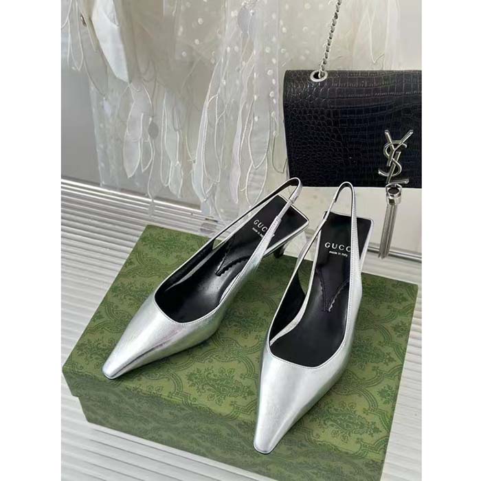G*u*i women gg slingback pump metallic silver leather interlocking g square upper mid-heel