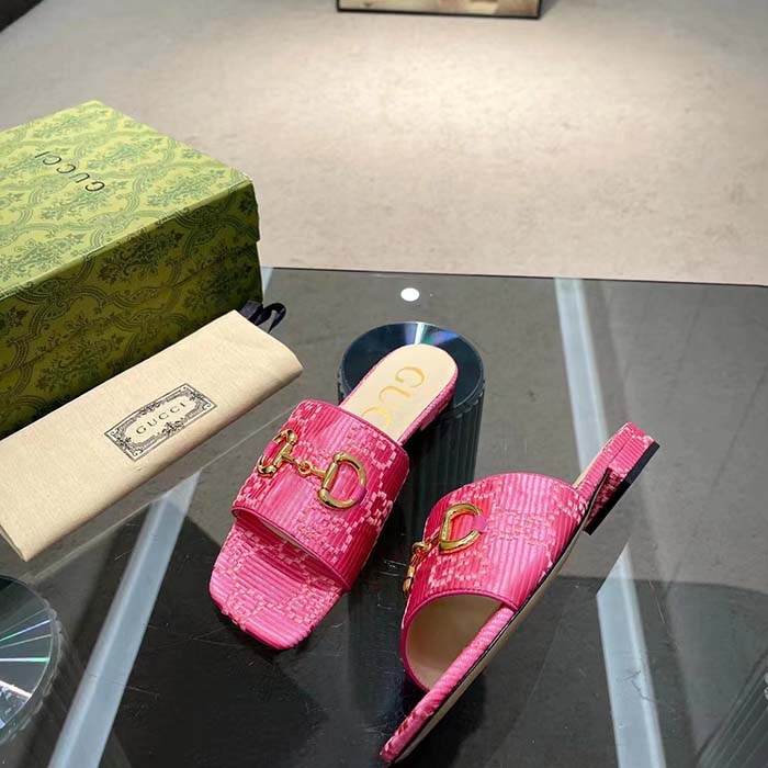 G*u*i women horsebit slide sandal fuchsia gg raffia leather sole flat