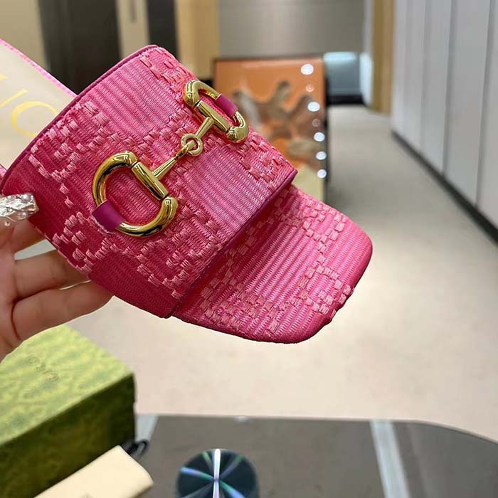 G*u*i women horsebit slide sandal fuchsia gg raffia leather sole flat