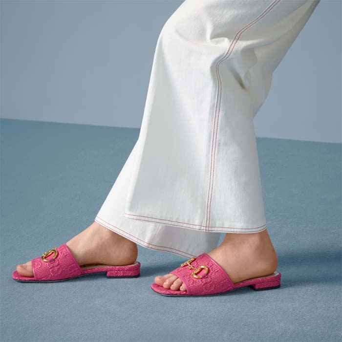 G*u*i women horsebit slide sandal fuchsia gg raffia leather sole flat