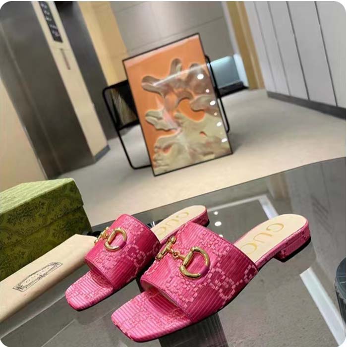 G*u*i women horsebit slide sandal fuchsia gg raffia leather sole flat