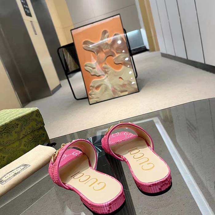 G*u*i women horsebit slide sandal fuchsia gg raffia leather sole flat