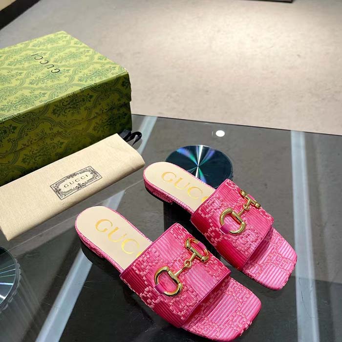 G*u*i women horsebit slide sandal fuchsia gg raffia leather sole flat