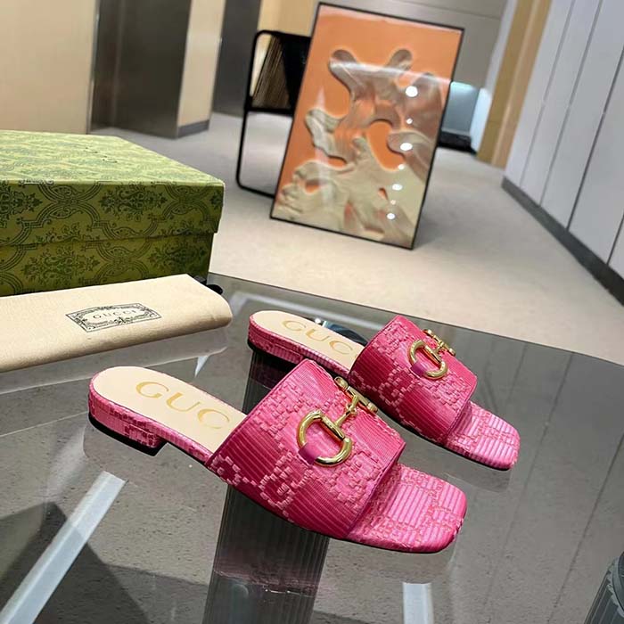 G*u*i women horsebit slide sandal fuchsia gg raffia leather sole flat