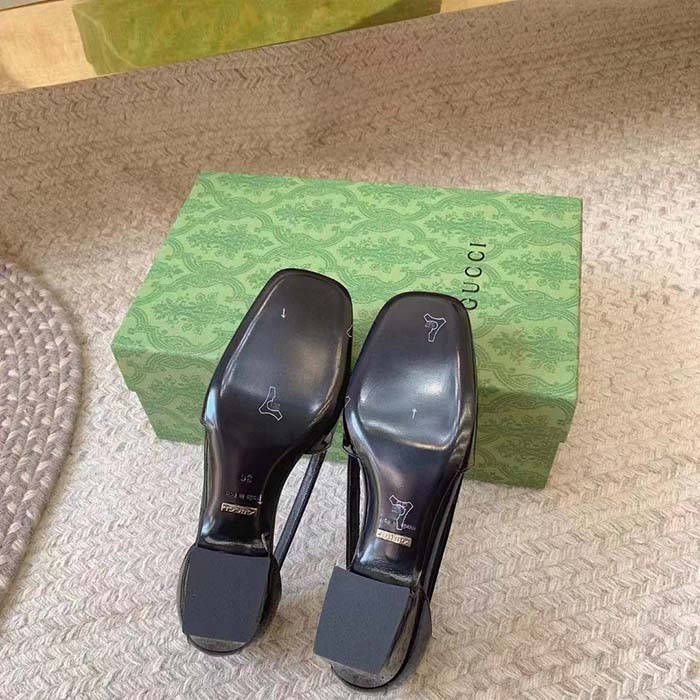 G*u*i women pump gg canvas black patent leather bow leather sole cut-out block heel