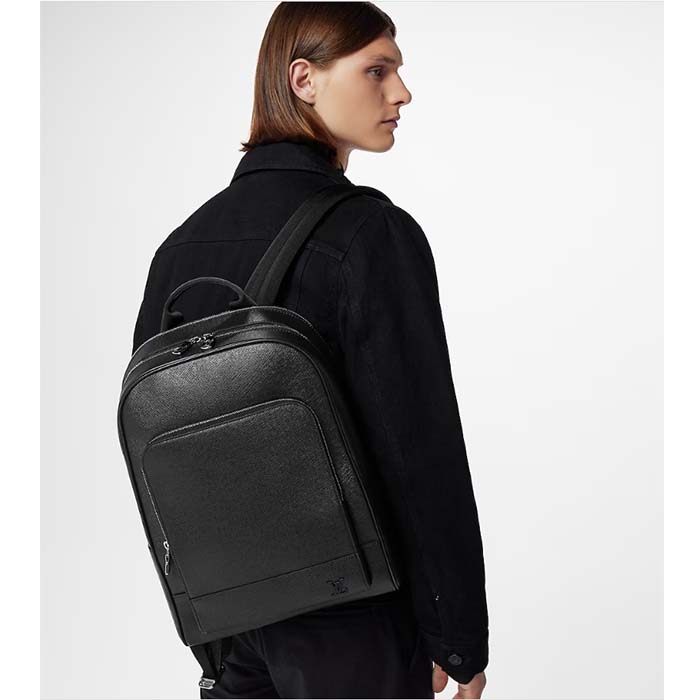 Louis Vuitton LV Unisex Adrian Backpack Black Taiga Cowhide Leather Textile Lining