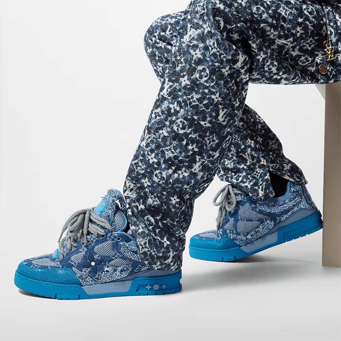 Louis Vuitton Unisex LV Skate Sneaker Blue Swarovski Crystals Monogram Denim Double Laces Rubber