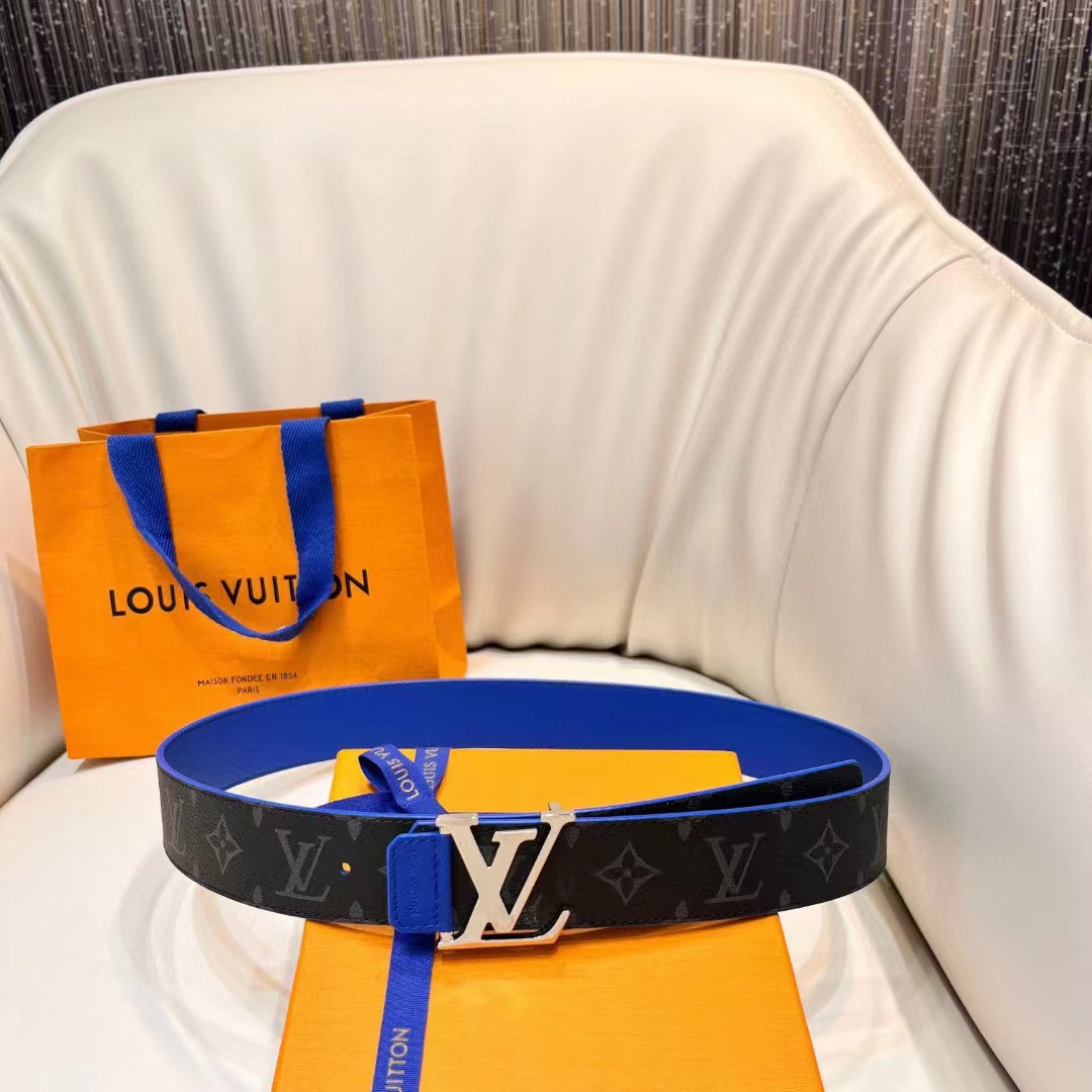 Louis Vuitton Unisex LV Tag 40 MM Reversible Belt Blue Monogram Eclipse Coated Canvas Calf Leather