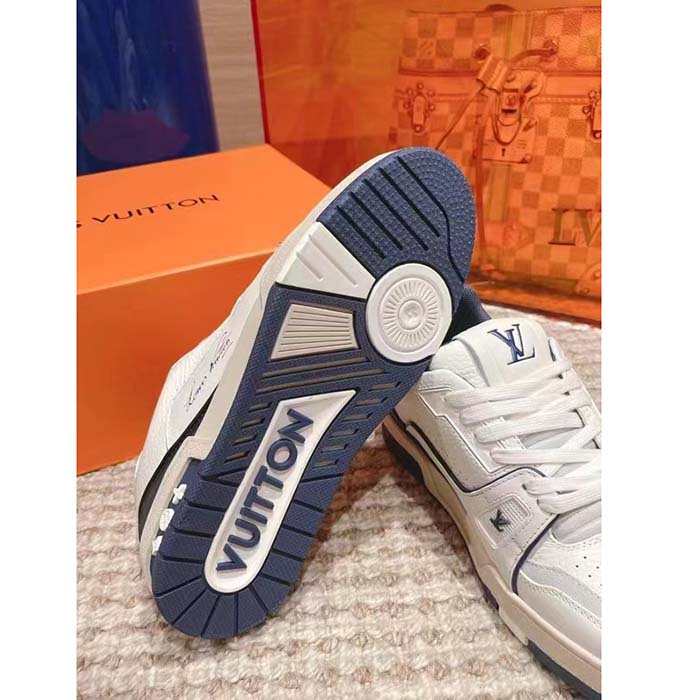 Louis Vuitton Unisex LV Trainer Sneaker Blue Calf Leather Rubber Outsole Initials