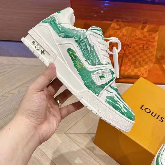 Louis Vuitton Unisex LV Trainer Sneaker Green Printed Calf Leather Rubber Outsole Initials