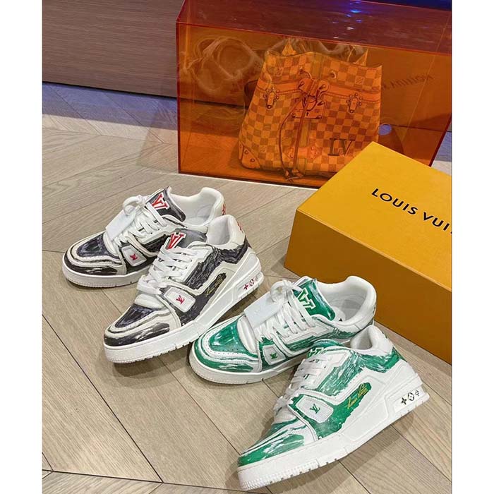 Louis Vuitton Unisex LV Trainer Sneaker Green Printed Calf Leather Rubber Outsole Initials