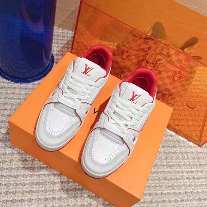 Louis Vuitton Unisex LV Trainer Sneaker Red Calf Leather Rubber Outsole Initials