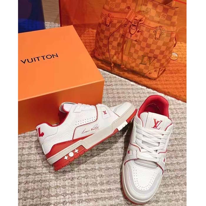 Louis Vuitton Unisex LV Trainer Sneaker Red Calf Leather Rubber Outsole Initials
