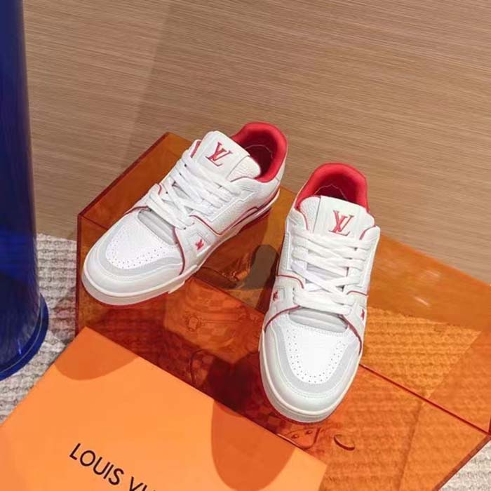 Louis Vuitton Unisex LV Trainer Sneaker Red Grained Calf Leather Rubber Initials