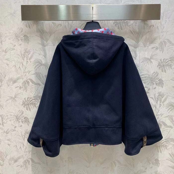 Louis Vuitton Men Cape Hoodie 3D-Effect Monogram Jacquard Wool Silk Navy Regular Fit